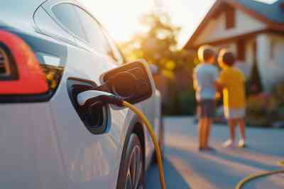 E-Auto wird aufgeladen im Hintergrund zwei Kinder - © Wild Dream - stock.adobe.com